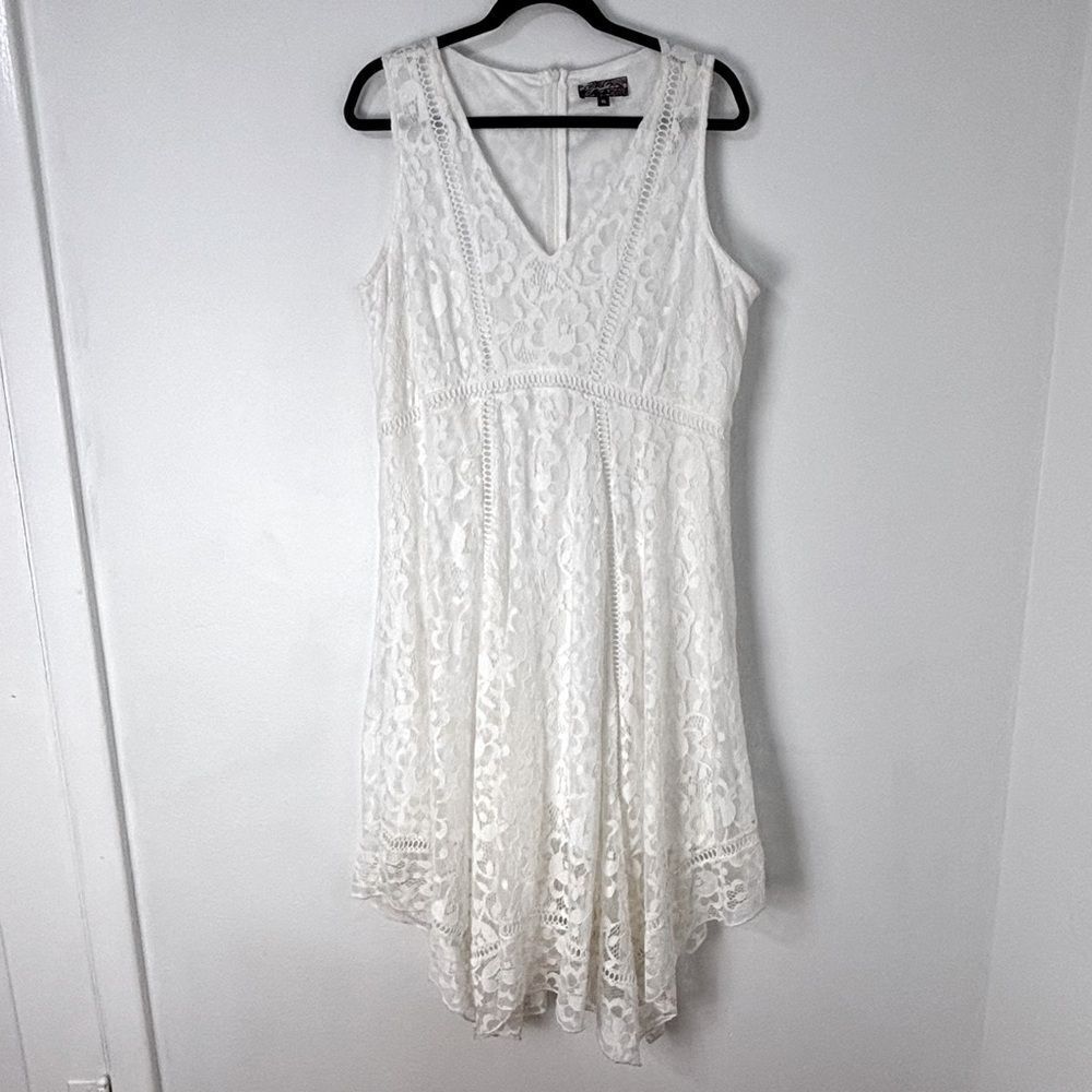 Vintage Inspired Cream Lace Midi XL Dress Asymmetrical Hem‎ Cottagecore Country